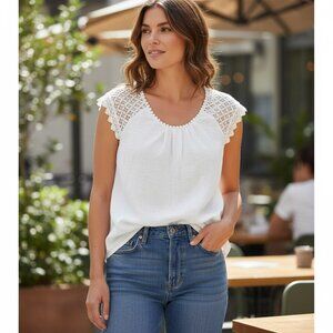 Alessia Pacini Top Womens Large White 100% Linen Lace Shoulders Made In Italy L